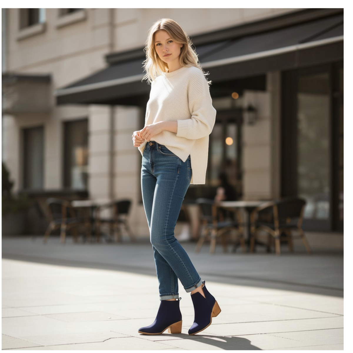 Mujer con botines azul marino EQUILIBRIO ZAPATOS by EIM de cuero gamuzón y tacón de 7 cm en entorno urbano
