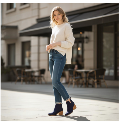Mujer con botines azul marino EQUILIBRIO ZAPATOS by EIM de cuero gamuzón y tacón de 7 cm en entorno urbano