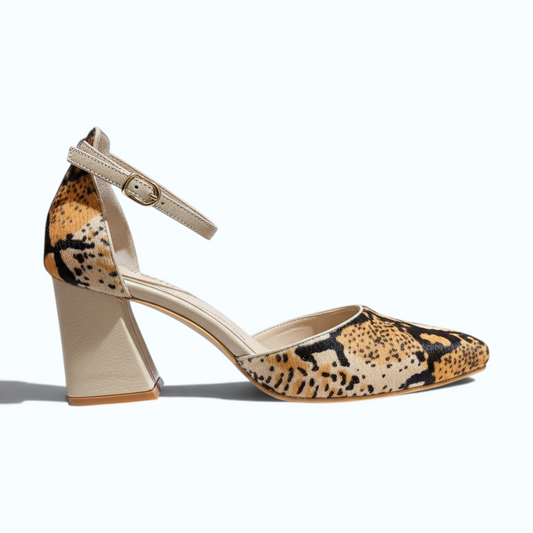 Stilettos Savannah de EQUILIBRIO ZAPATOS by EIM en cuero vacuno con estampado pitón y taco bloque de 7 cm.