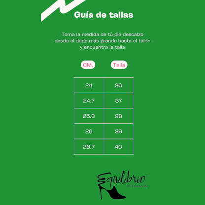Tabla de guía de tallas de calzado EQUILIBRIO ZAPATOS by EIM con medidas en centímetros y tallas correspondientes