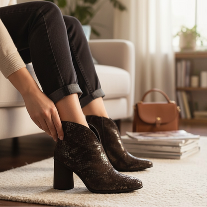 Botines Ana Marrón de EQUILIBRIO ZAPATOS by EIM en cuero marrón con taco de 9 cm, ideales para un look elegante.