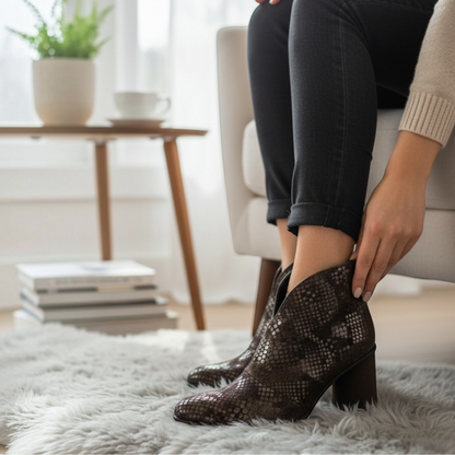 Botines Ana Marrón de EQUILIBRIO ZAPATOS by EIM en cuero con textura, taco de 9 cm y diseño elegante para mujer